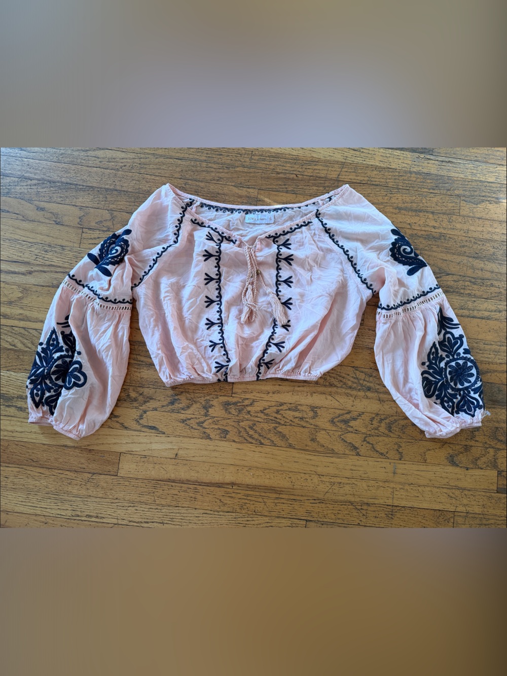 Cropped Pink Peasant Top with Navy Embroidery